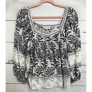 Panama Jack Womens Linen Blend Ikat Palm Print Crochet Lace Blouse Black White L